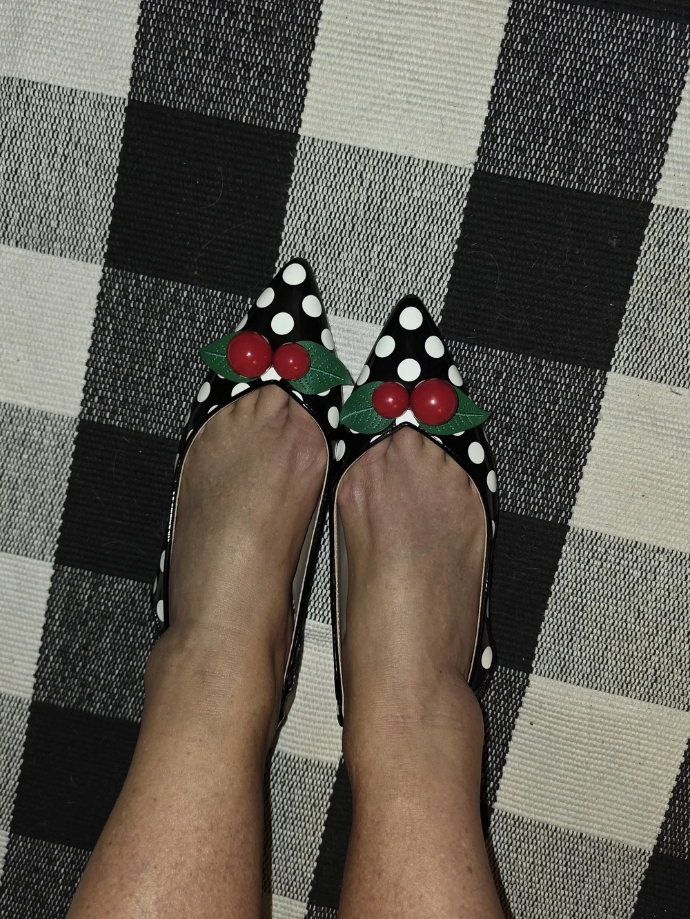 Betsey Johnson Black & White Polka Dot Slingback Flats with Cherry Detail